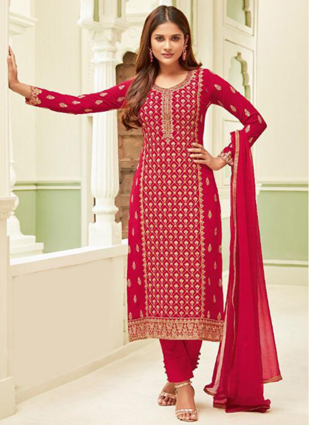 Red Faux Georgette Embroidered Pant Style Suit