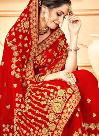 Red Faux Georgette Embroidered Saree