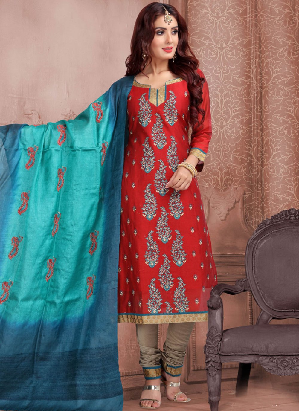 Buy Online Red Mehndi Banarasi Silk Churidar Suit : 114312