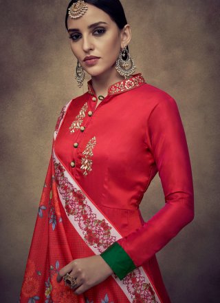 Red Resham Tafeta Silk Readymade Anarkali Suit