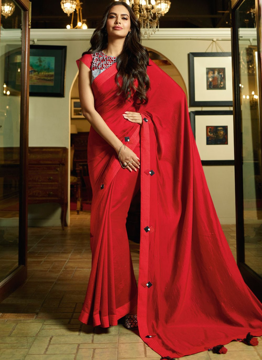 Red Silk Party Classic Designer Saree