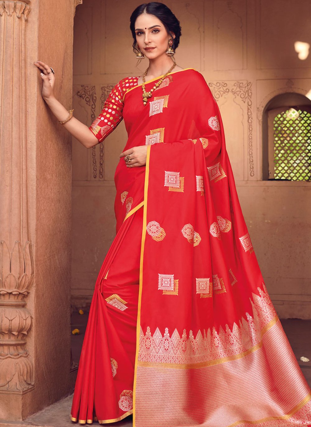 Red Woven Art Silk Designer Traditional Saree