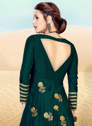 Resham Art Silk Readymade Gown  in Green