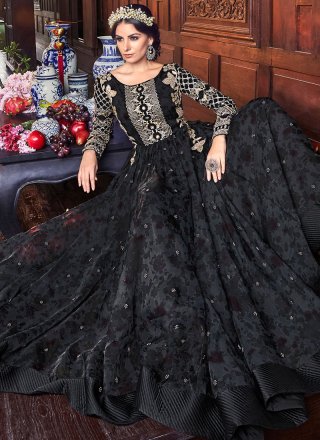 Resham Black Floor Length Anarkali Suit 
