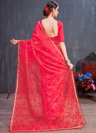Resham Organza Trendy Saree in Red