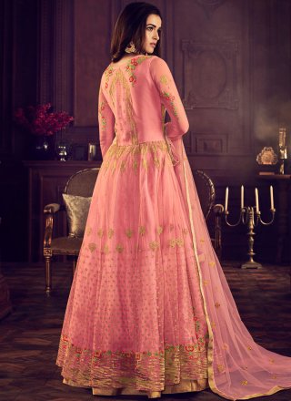 Resham Rose Pink Net Floor Length Anarkali Suit