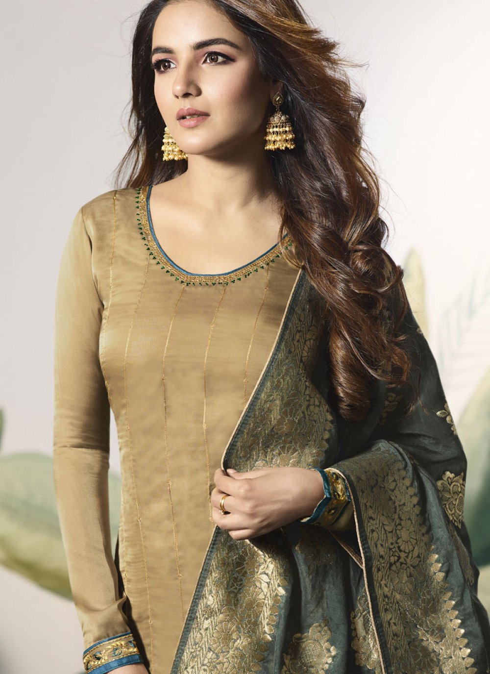 Shop Resham Satin Silk Designer Pakistani Suit in Beige Online 106717 Salwar Kameez