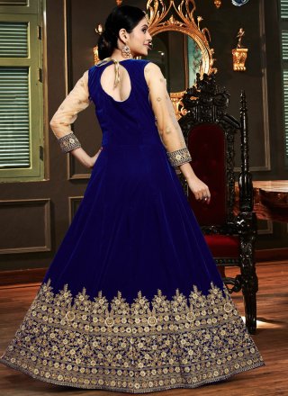 Resham Velvet Floor Length Anarkali Suit in Blue