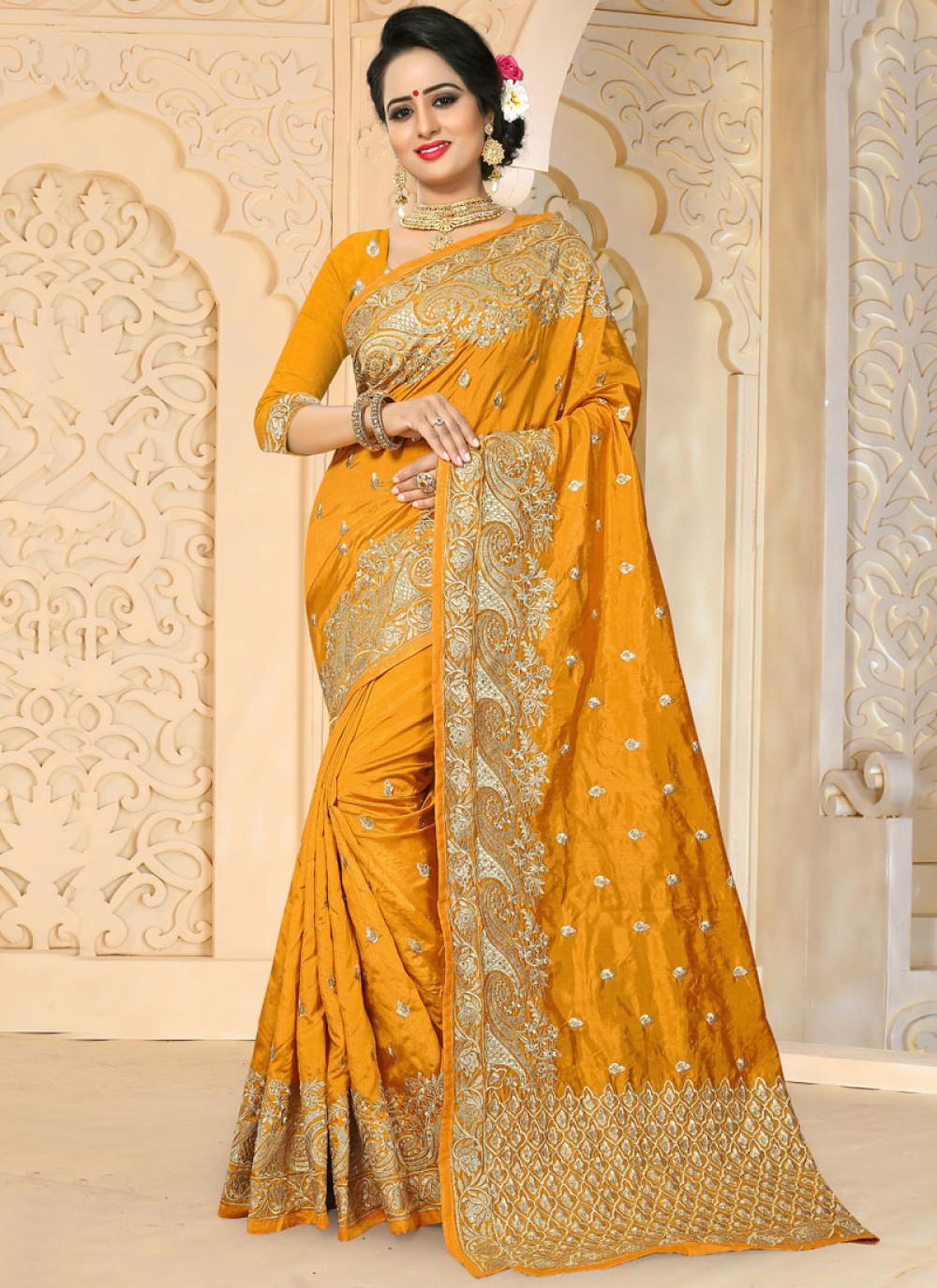 Orange Saree Art Silk Party Wear Sari Designer Indian Bollywood Saree 