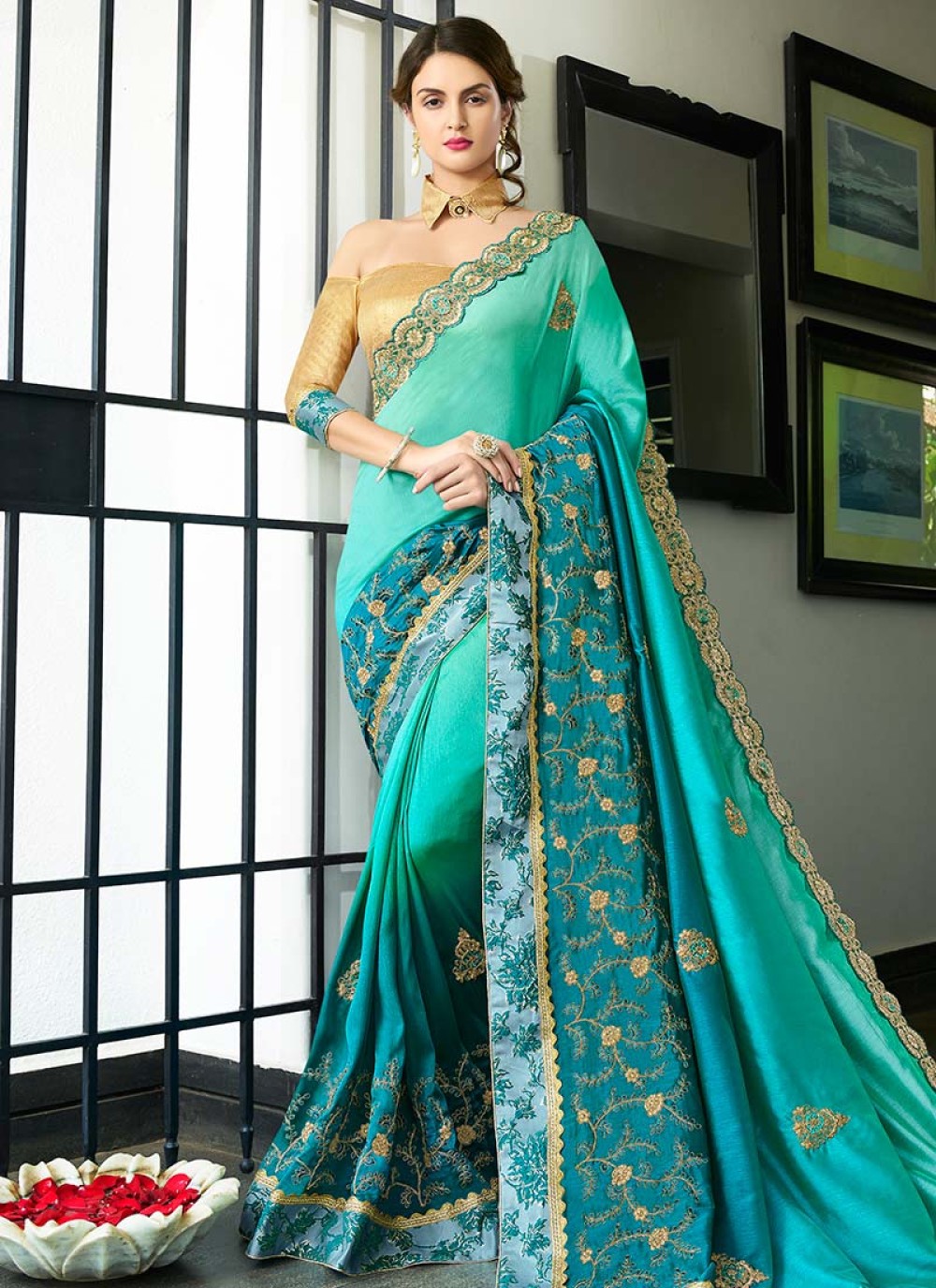 Resham Work Turquoise Art Silk Shaded Saree
