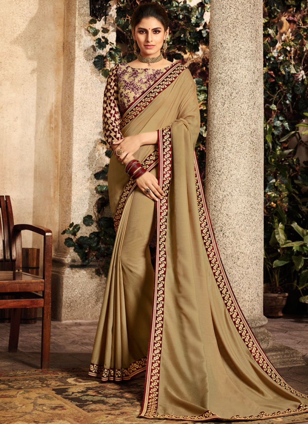 Saree Embroidered Fancy Fabric in Beige