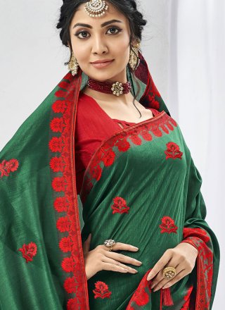 Saree Embroidered Faux Chiffon in Green