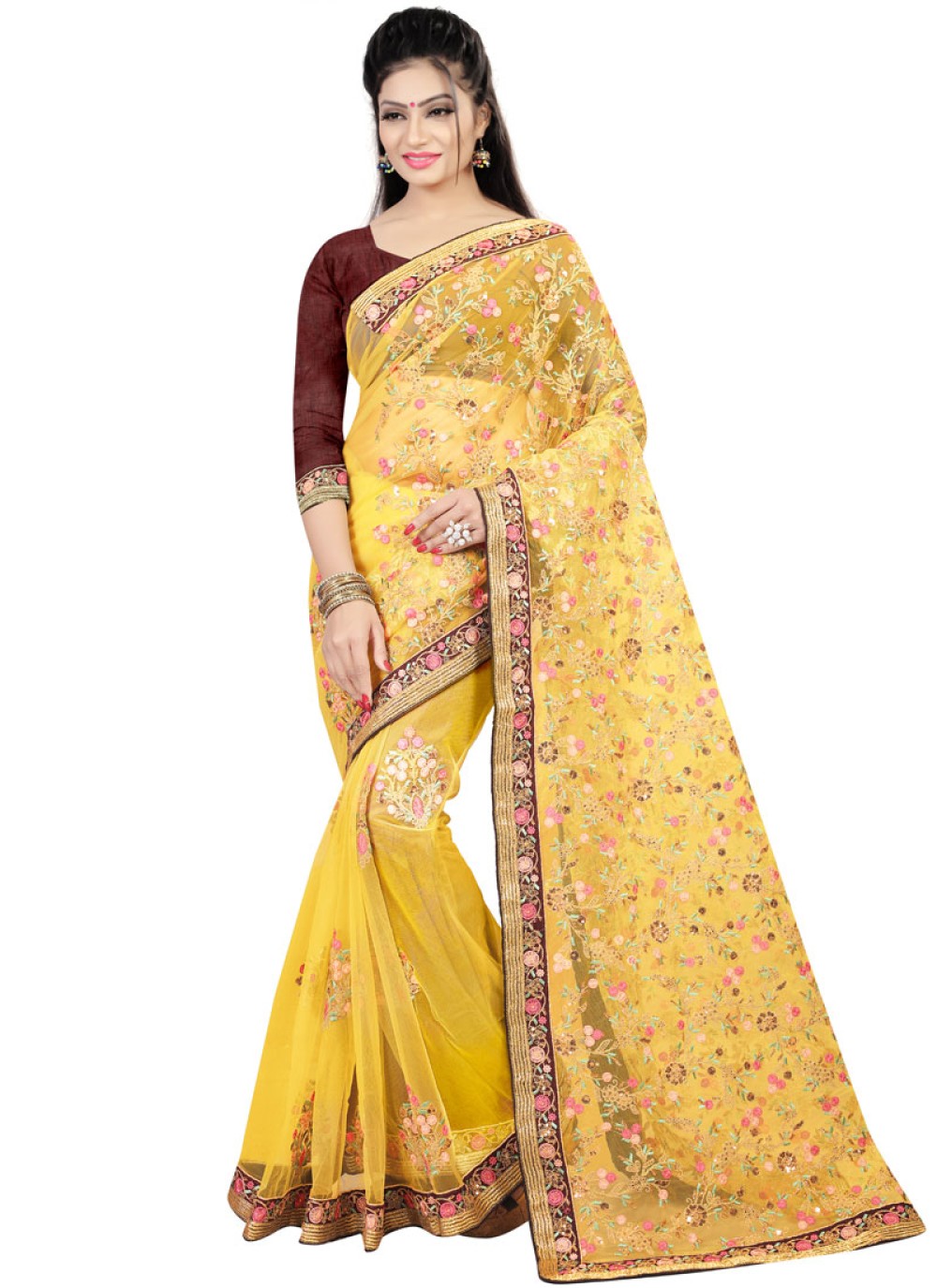 Saree Embroidered Net in Yellow