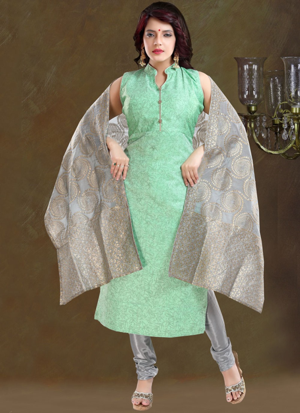 Sea Green Chanderi Churidar Designer Suit