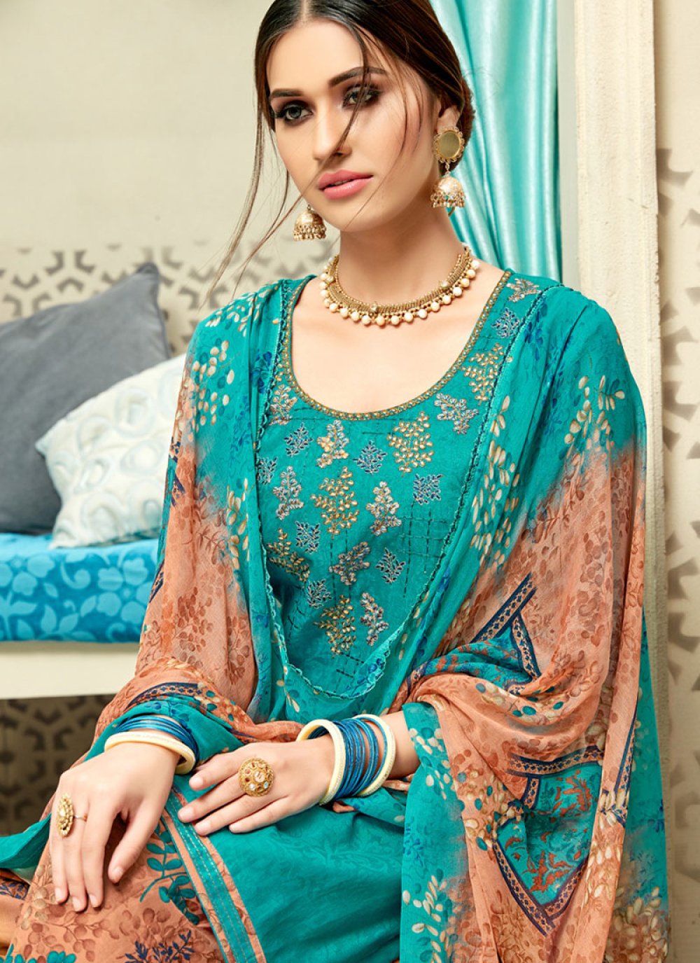 Shop Sea Green Print Punjabi Suit Online 127413