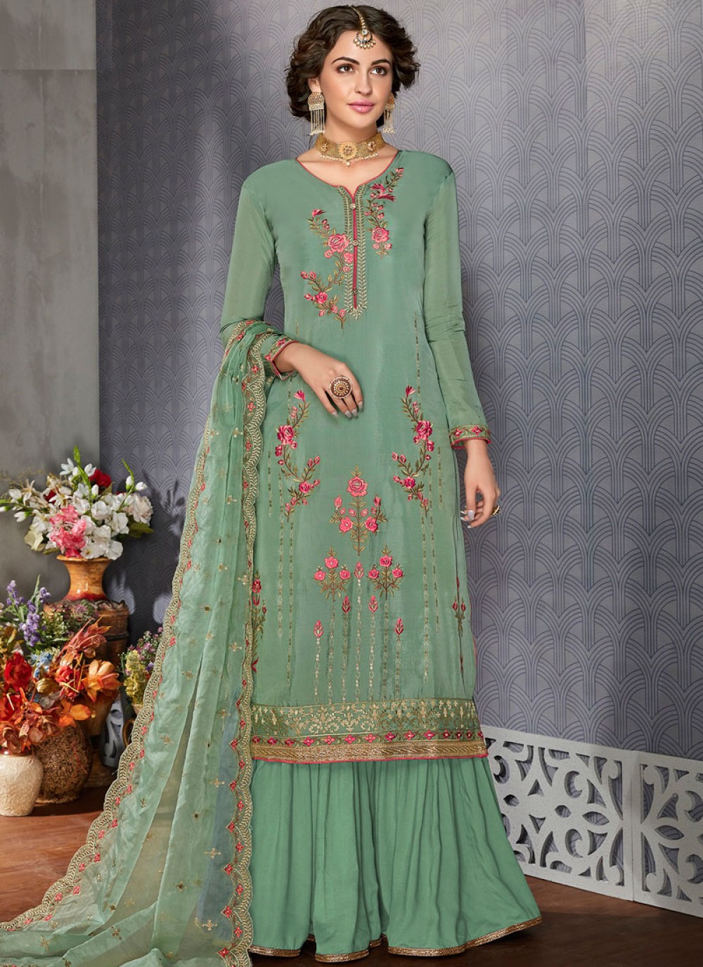 Sea Green Resham Designer Pakistani Suit