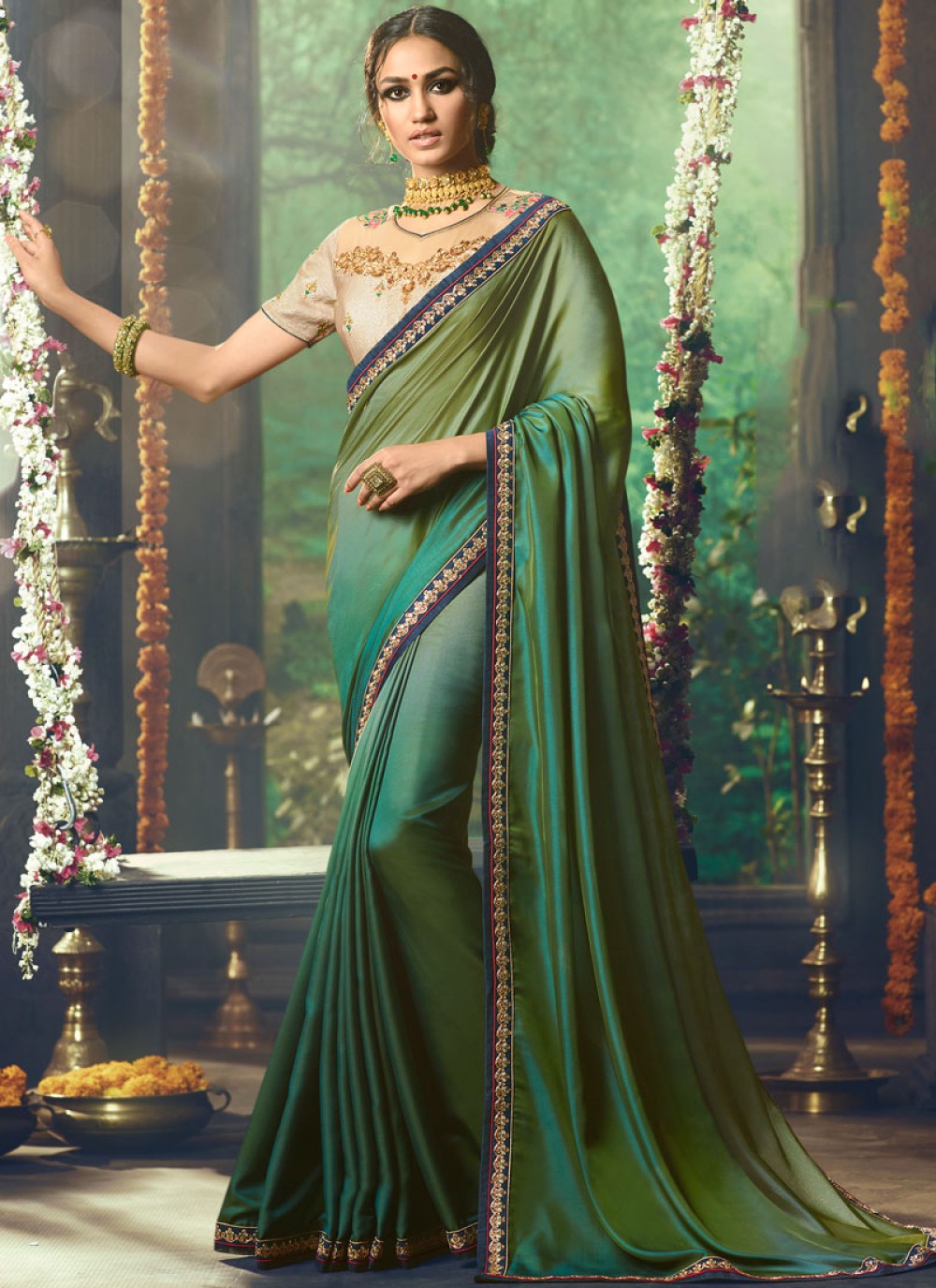 Shaded Saree Patch Border Fancy Fabric in Green