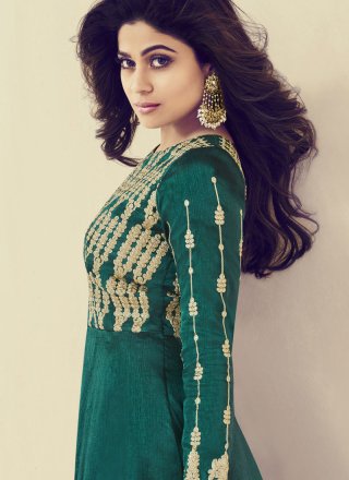 Shamita Shetty Art Silk Sea Green Embroidered Floor Length Anarkali Suit