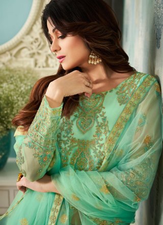 Shamita Shetty Green Satin Embroidered Trendy Designer Lehenga Choli