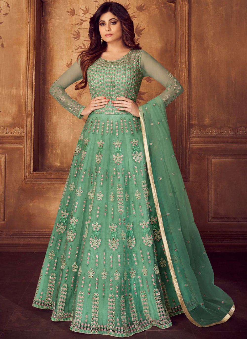 Shamita Shetty Net Sea Green Floor Length Anarkali Suit 