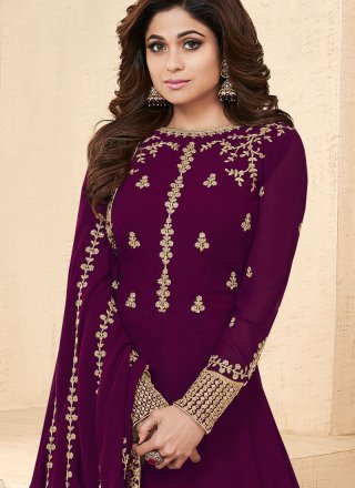 Shamita Shetty Purple Embroidered Floor Length Anarkali Suit