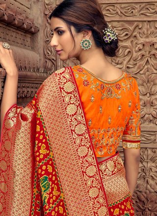Silk Embroidered Orange and Red Trendy Saree
