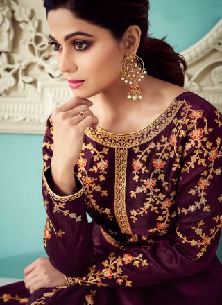 Silk Embroidered Purple Anarkali Salwar Suit
