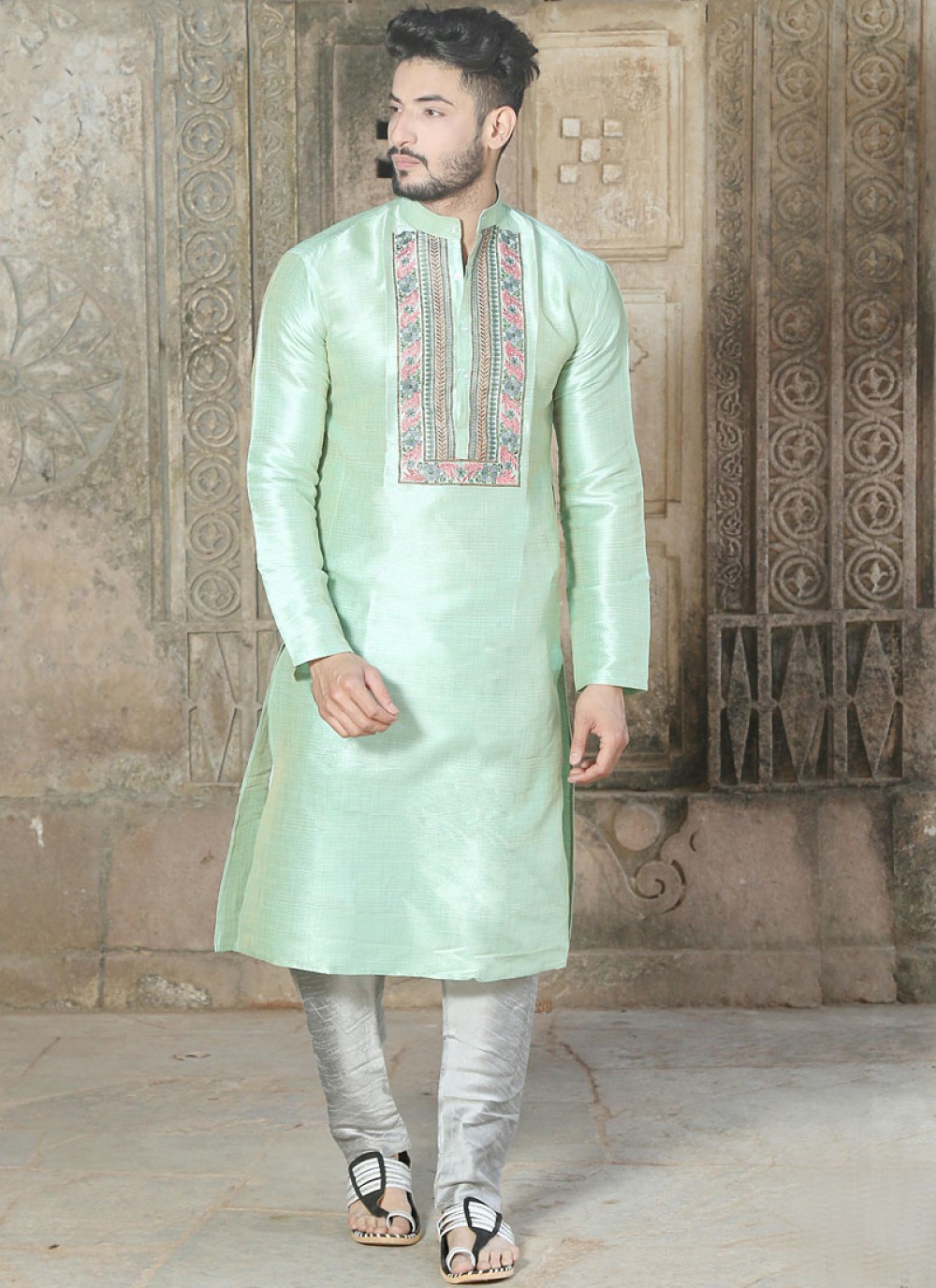 Shop Online Silk Embroidered Sea Green Kurta Pyjama 102603