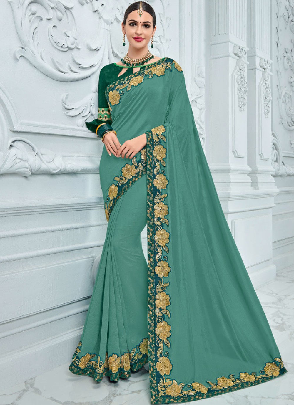Silk Green Embroidered Trendy Saree