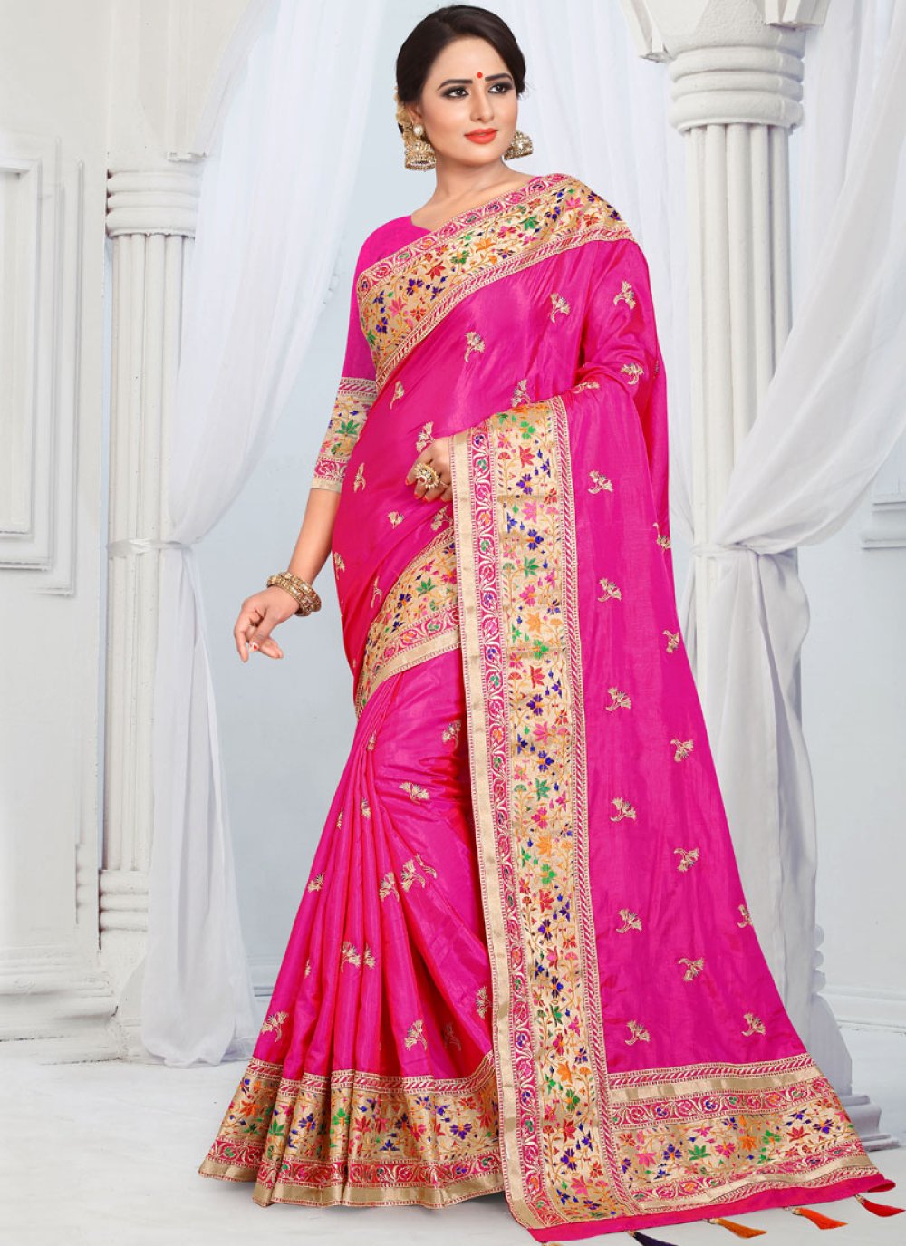 hot pink saree silk