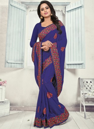 Silk Navy Blue Embroidered Traditional Saree