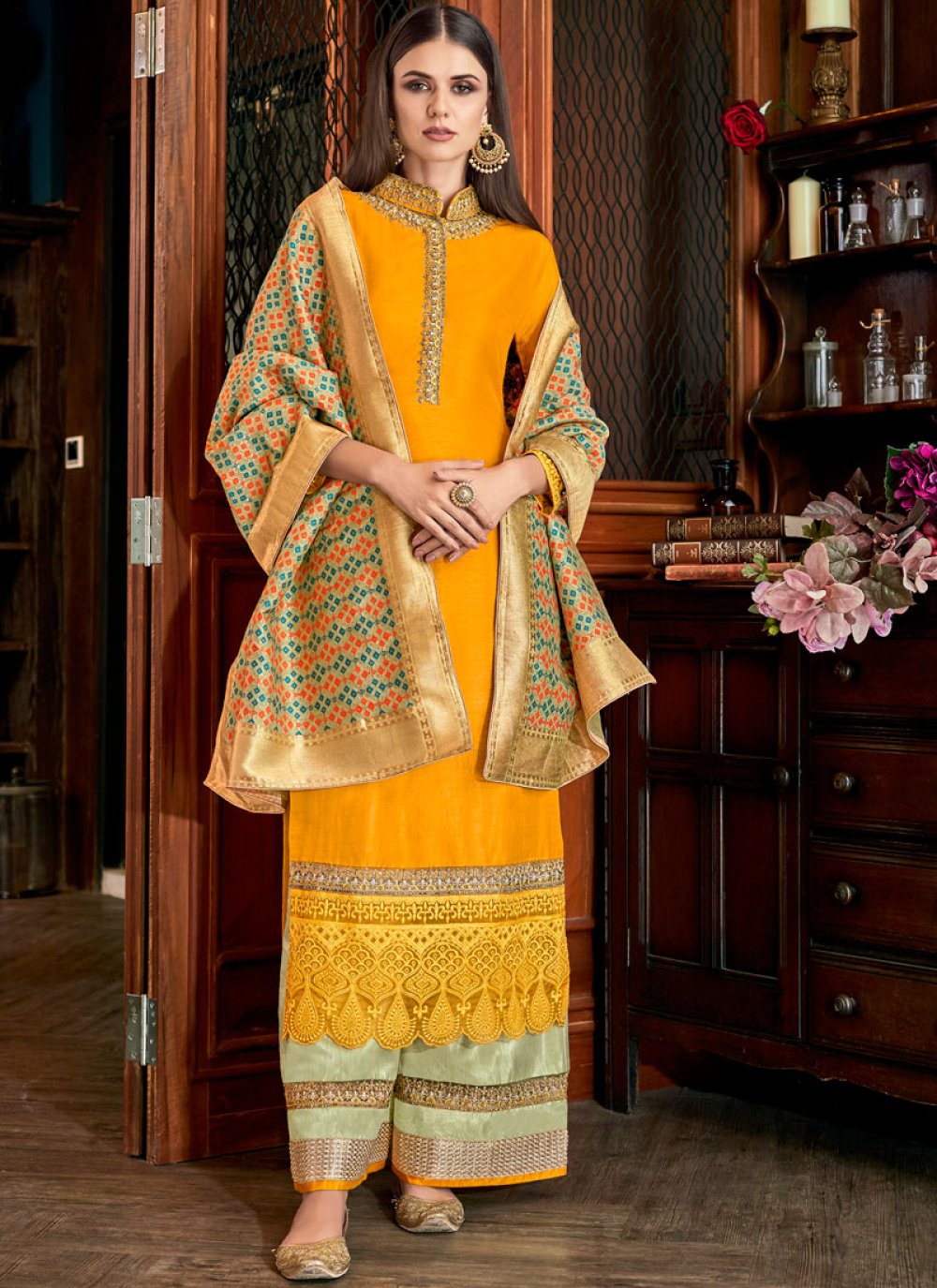 Silk Palazzo Salwar Suit in Yellow