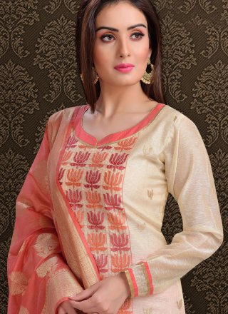 Silk Resham Off White Churidar Salwar Suit