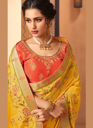 Silk Saree Embroidered Silk in Yellow