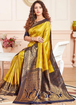 Silk Weaving Blue and Yellow Traditional Saree