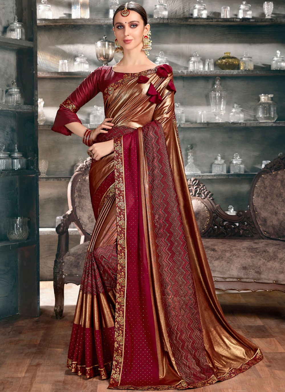 maroon reception saree