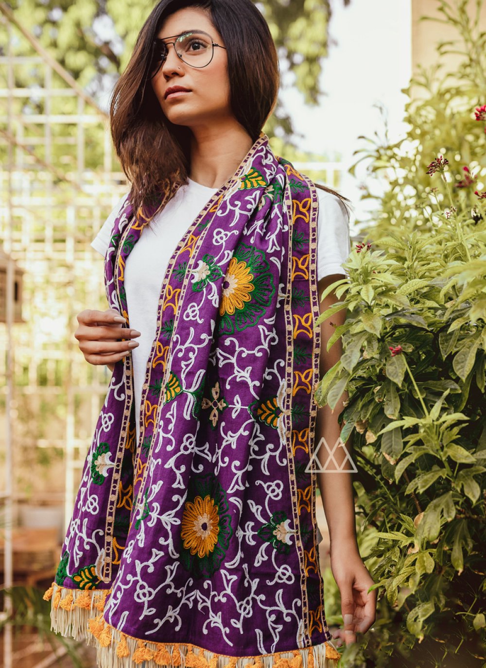 Stole Embroidered Khadi in Purple