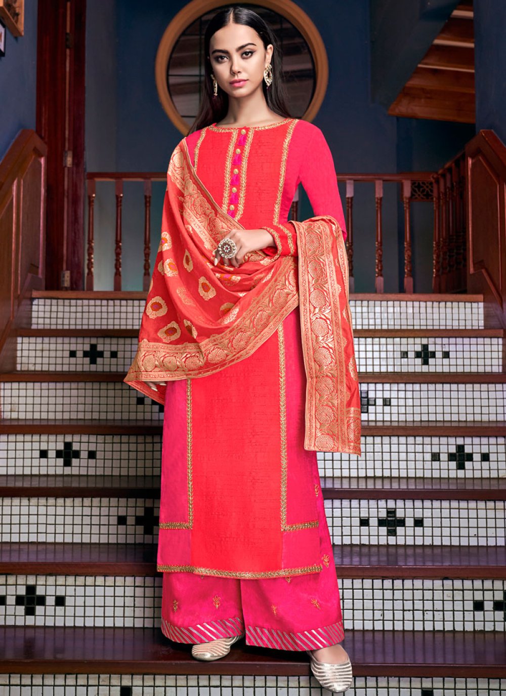 Stone Work Hot Pink Silk Designer Palazzo Salwar Suit