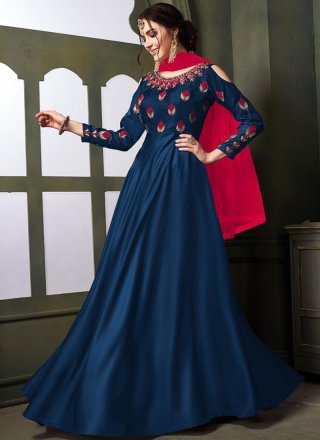 Tafeta Silk Blue Embroidered Trendy Gown