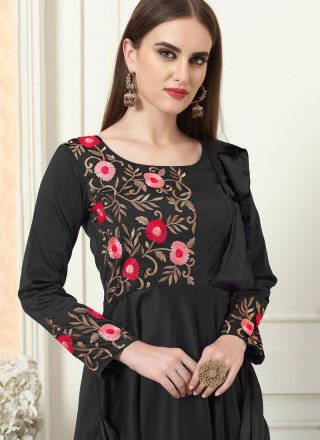Tafeta Silk Embroidered Black Readymade Designer Gown