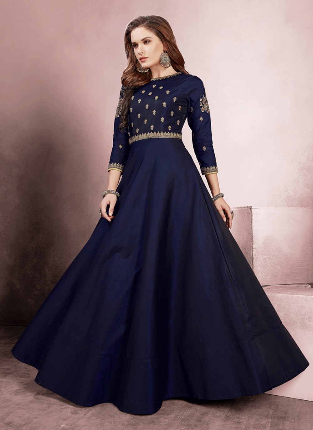 Tafeta Silk Embroidered Navy Blue Readymade Gown 