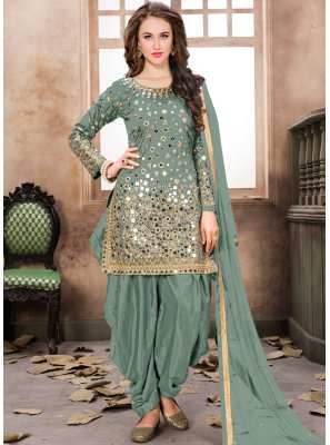 Tafeta Silk Embroidered Sea Green Designer Patiala Suit