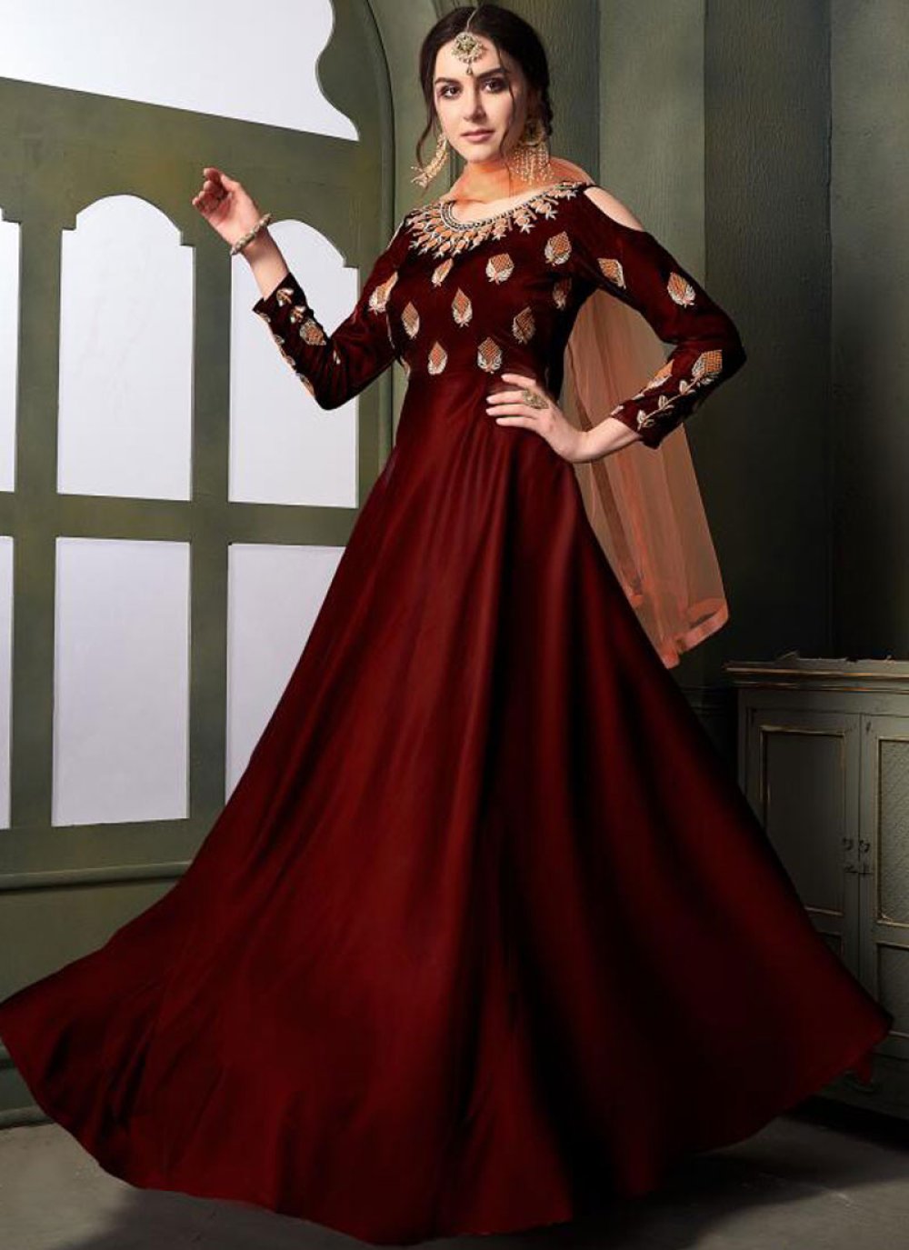 maroon color long gown