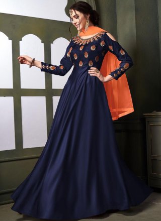 Tafeta Silk Trendy Gown in Navy Blue