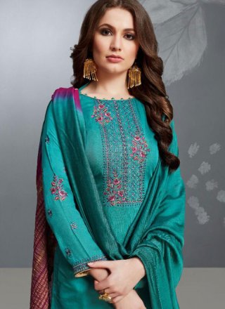 Teal Cotton Embroidered Palazzo Designer Suit