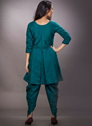 Teal Embroidered Cotton Party Wear Kurti