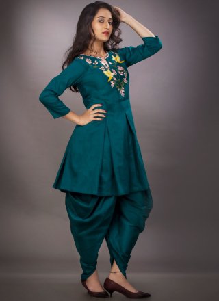 Teal Embroidered Cotton Party Wear Kurti