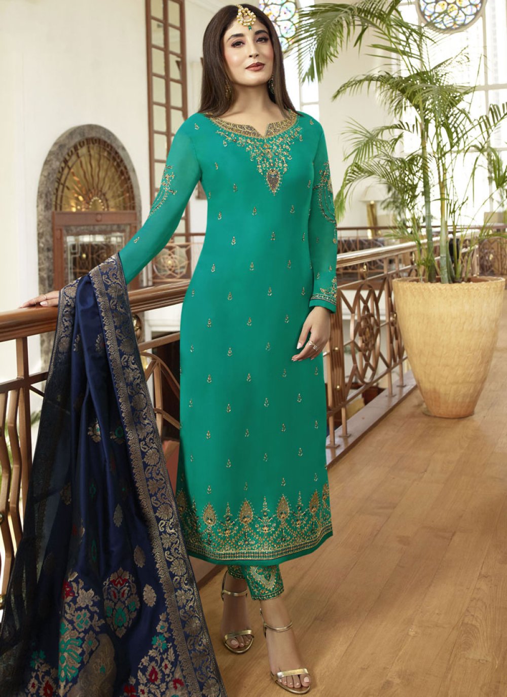 Teal Embroidered Mehndi Pant Style Suit