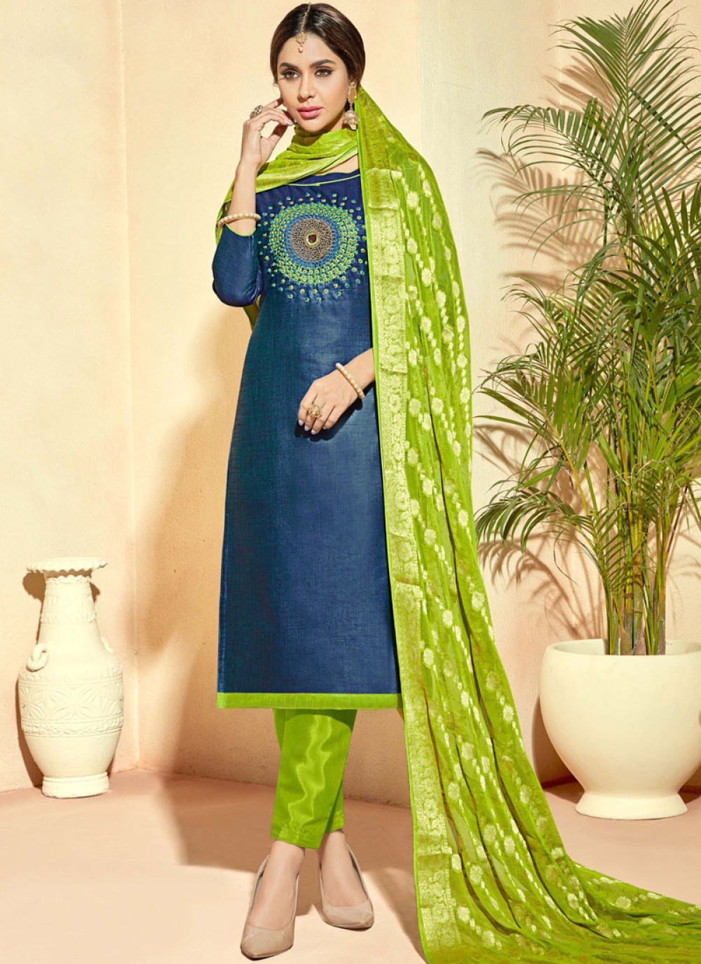 Shop Online Teal Embroidered Pant Style Suit : 111849