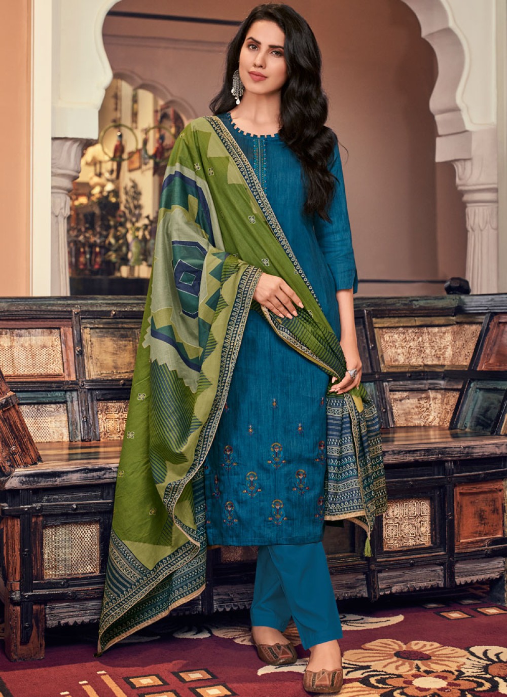 Buy Teal Print Cotton Pant Style Suit Online